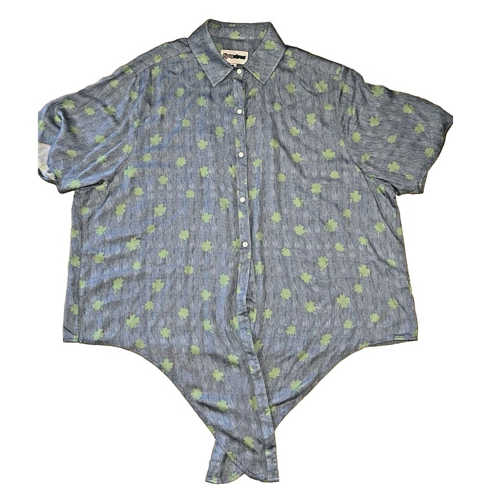 Tipsy Elves Size XXL Blue With Green 4 Leaf Clovers Blouse Tie Front Shirt Top